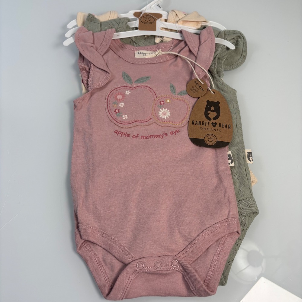 Rabbit + Bear Organic Baby 3-6M Pink Green Bodysuit Set NWT Ruffle Apple